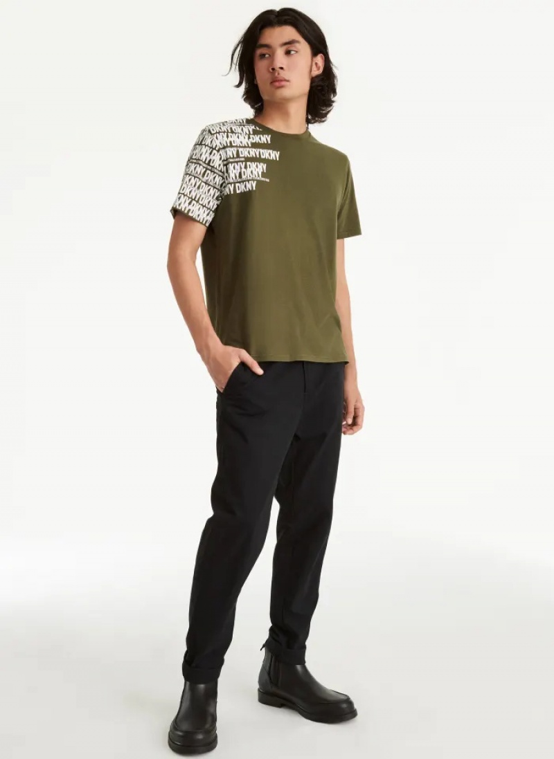 Olive Men's Dkny Asymmetrical Sleeve Logo T Shirts | 4652CKZVF