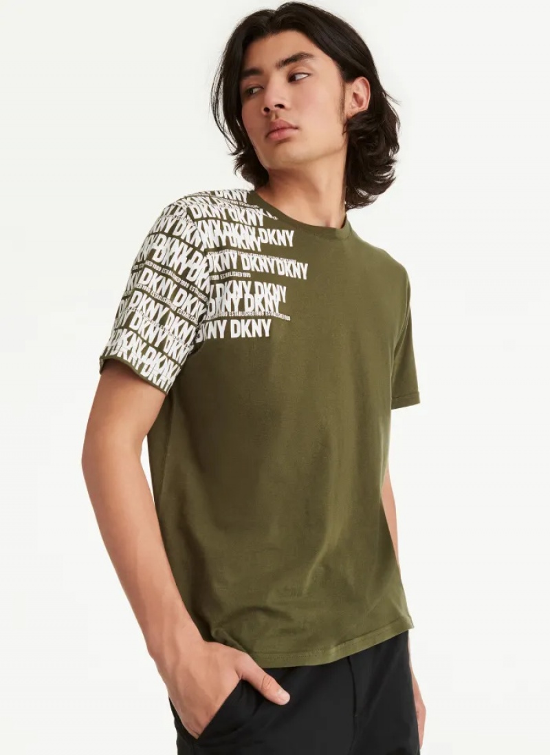 Olive Men\'s Dkny Asymmetrical Sleeve Logo T Shirts | 4652CKZVF