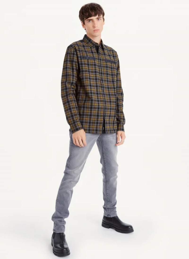 Olive Men's Dkny Long Sleeve Plaid Shirts | 0821ZGVAB