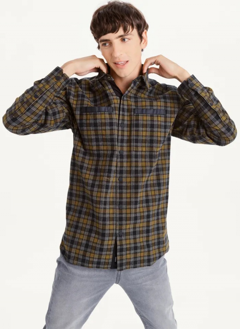 Olive Men's Dkny Long Sleeve Plaid Shirts | 0821ZGVAB