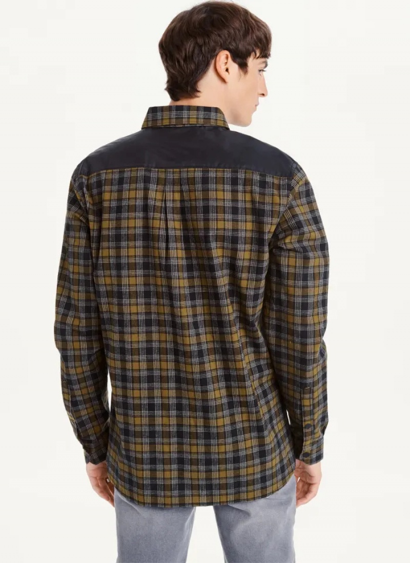 Olive Men's Dkny Long Sleeve Plaid Shirts | 0821ZGVAB