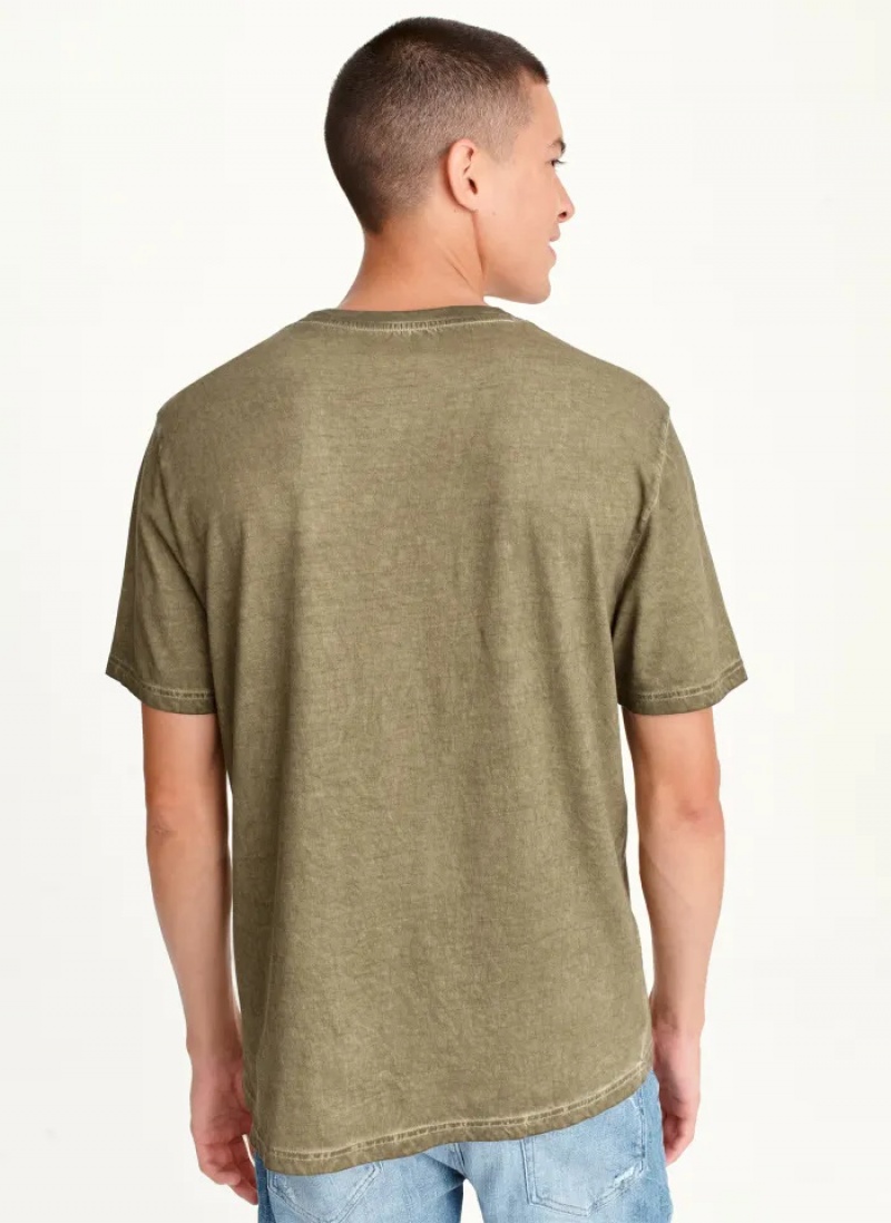 Olive Men's Dkny OUTLINE LOGO SKULL MINERAL WASH T Shirts | 8347ILEZX