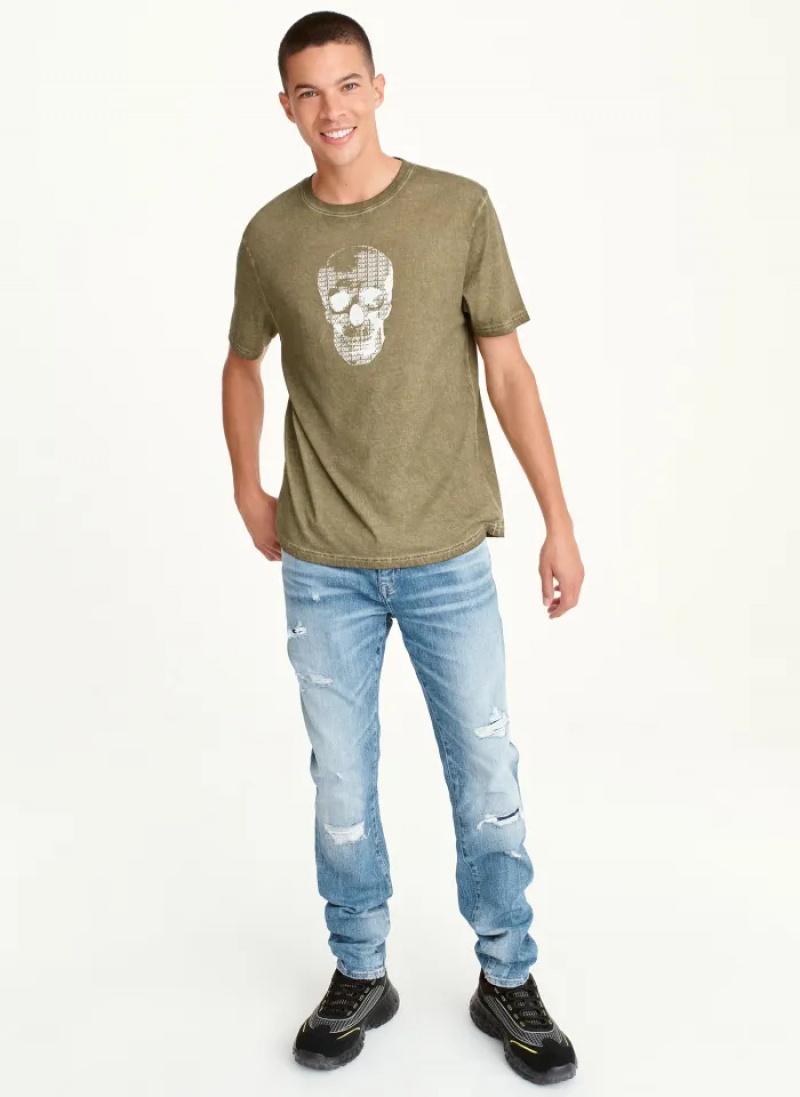 Olive Men's Dkny OUTLINE LOGO SKULL MINERAL WASH T Shirts | 8347ILEZX