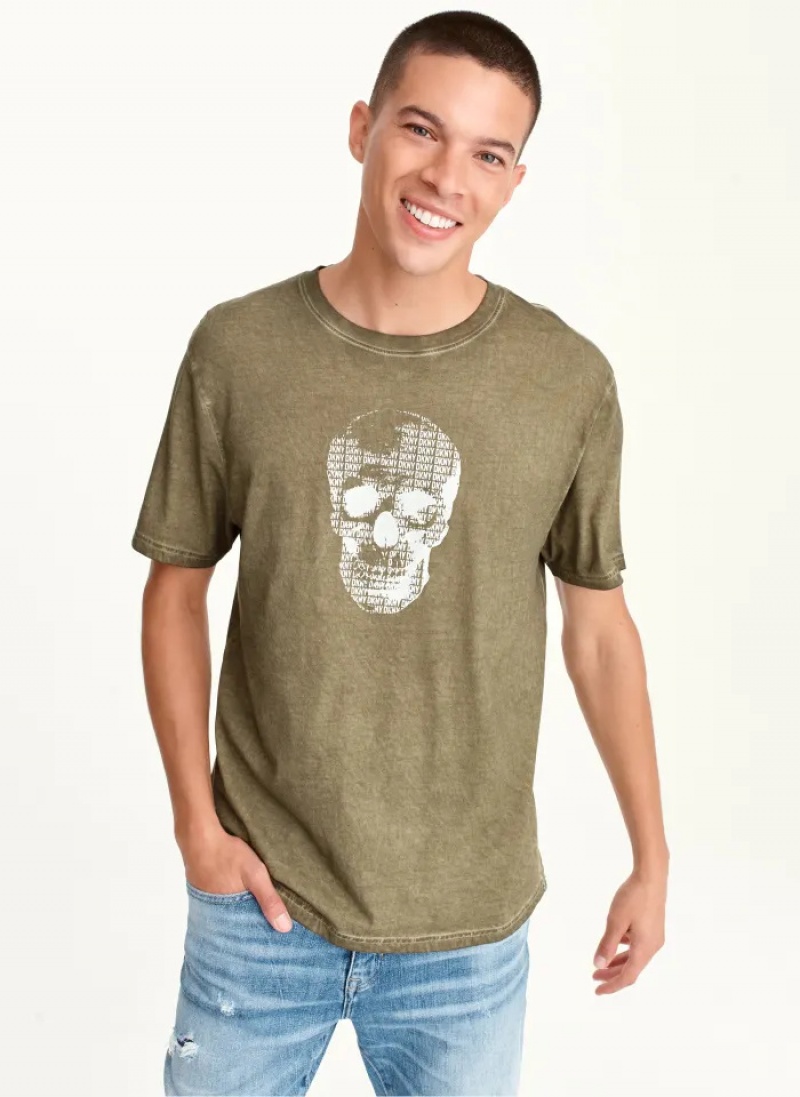 Olive Men\'s Dkny OUTLINE LOGO SKULL MINERAL WASH T Shirts | 8347ILEZX