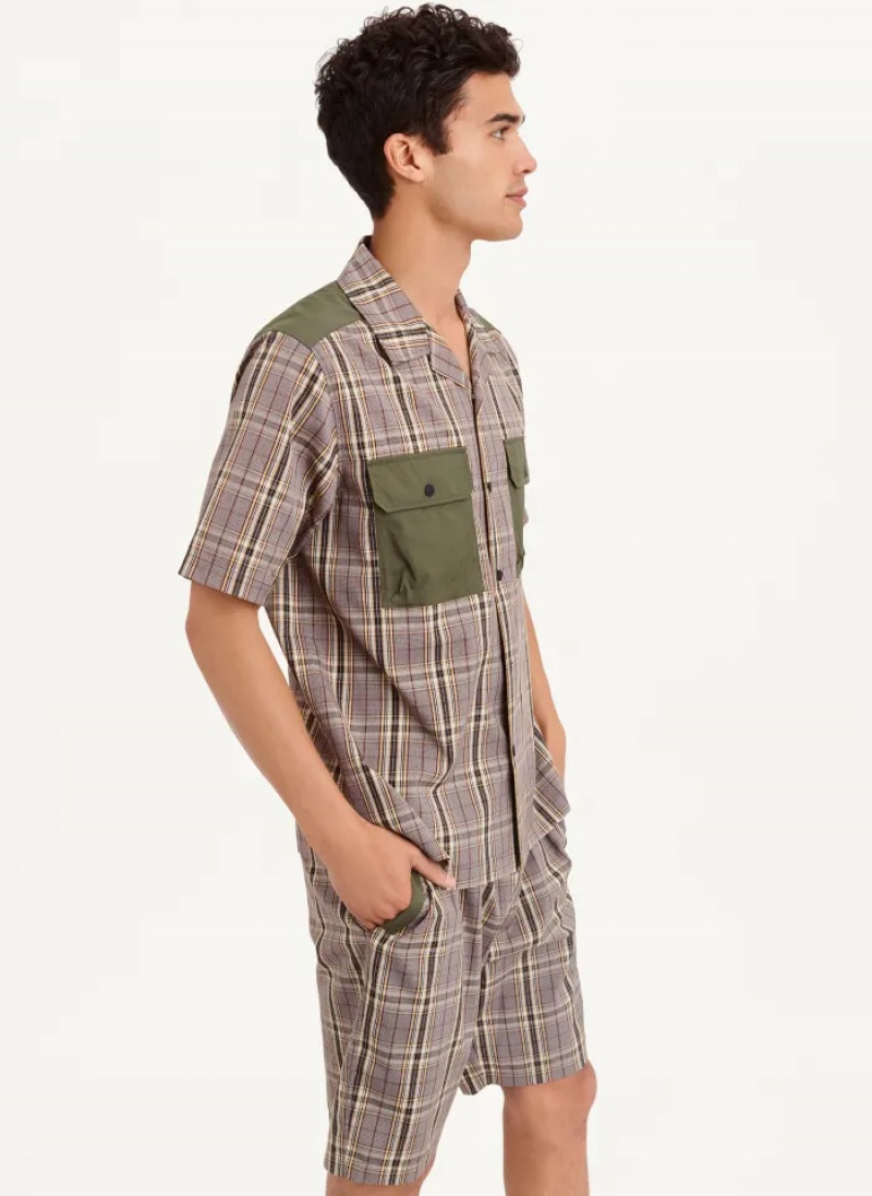 Olive Men's Dkny Plaid/Solid Mixed Short Sleeve Knit Shirts | 2914QUMXC