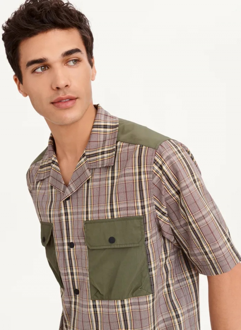 Olive Men's Dkny Plaid/Solid Mixed Short Sleeve Knit Shirts | 2914QUMXC