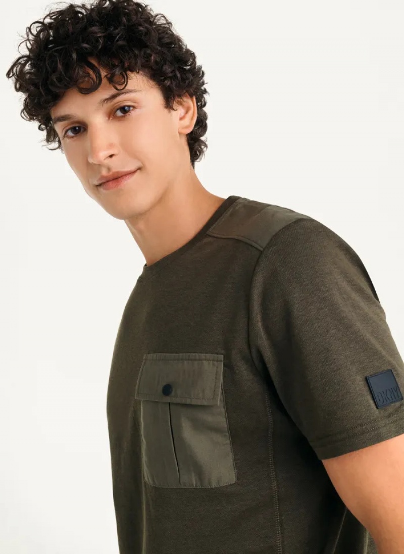 Olive Men's Dkny Solid Pique Crewneck T Shirts | 5183NWRYM