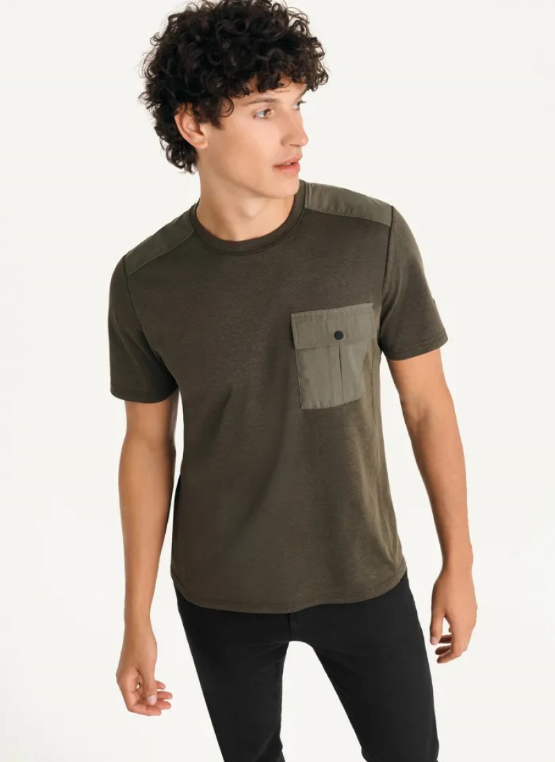 Olive Men\'s Dkny Solid Pique Crewneck T Shirts | 5183NWRYM