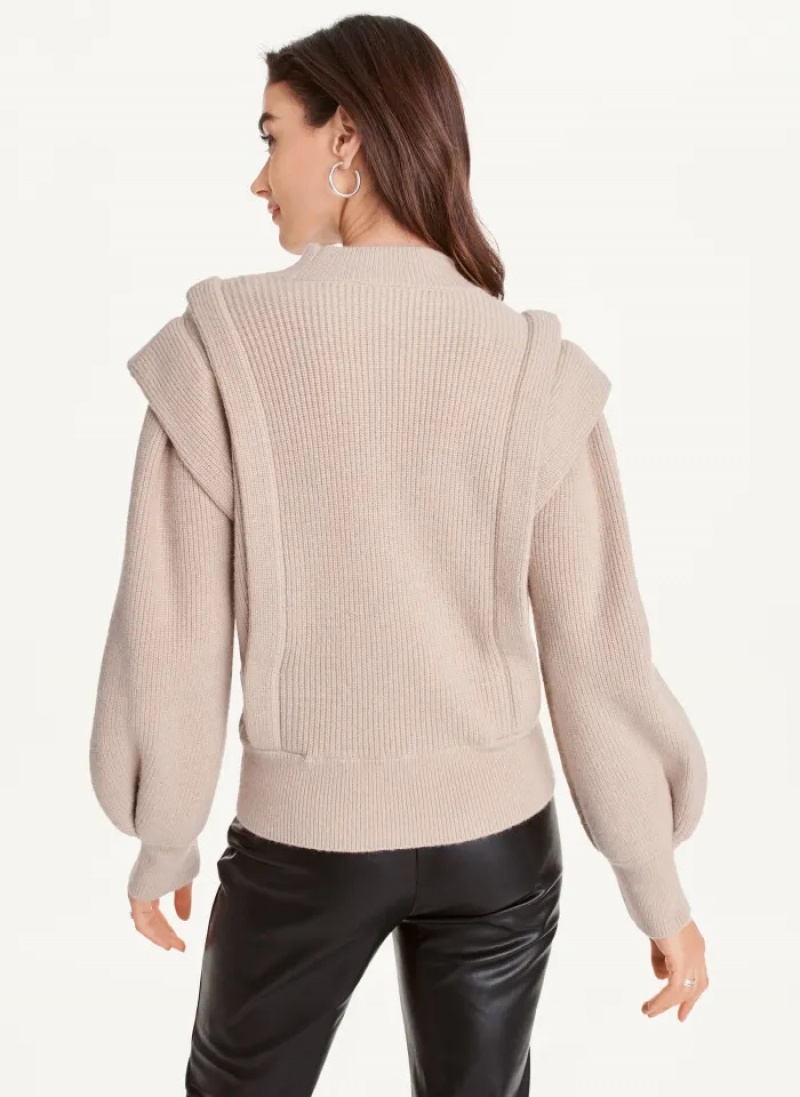 Pebble Heather Women's Dkny Long Sleeve Flange Crew Neck Sweaters | 7209KJBPQ