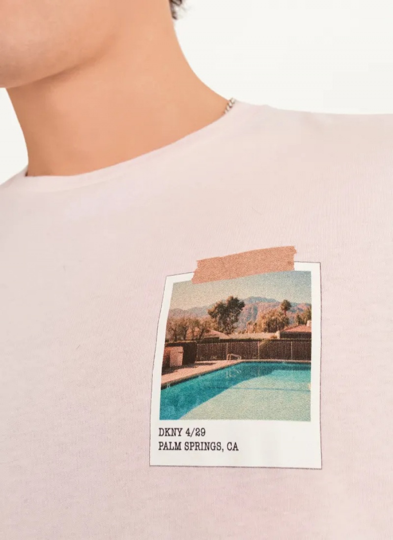 Pink Men's Dkny Polaroid Pic T Shirts | 5279SDFIR