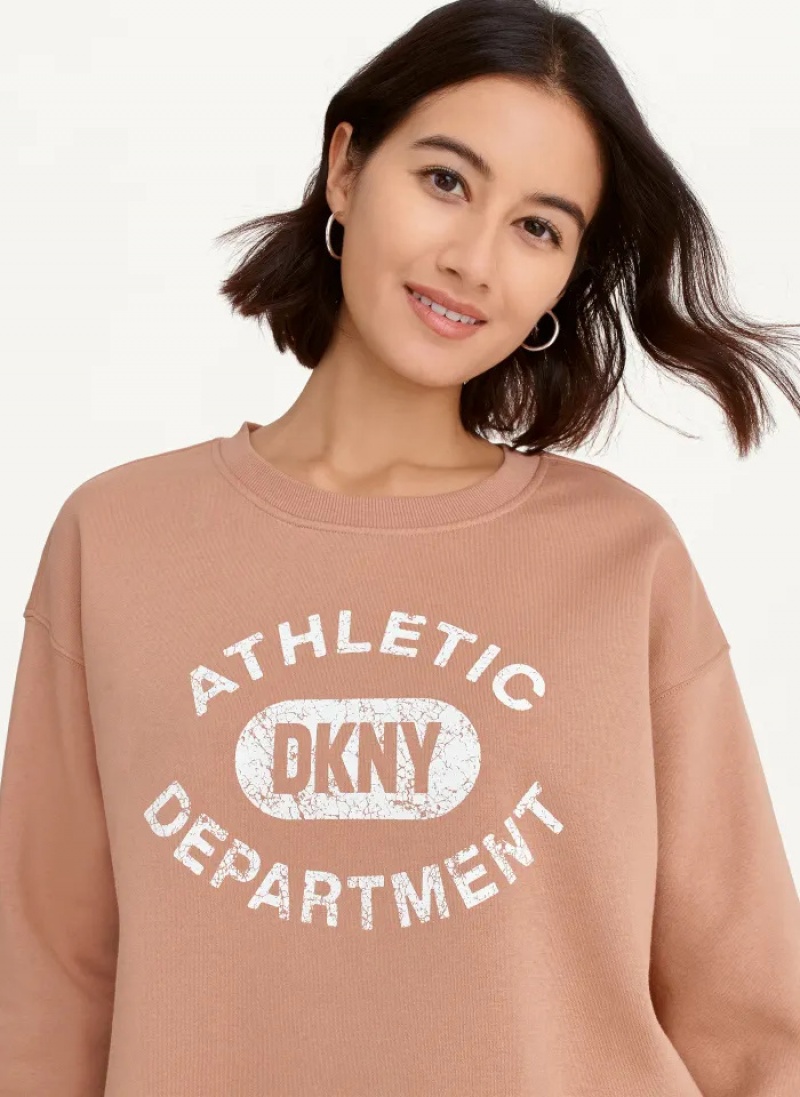 Praline Women's Dkny Distressed Varsity Logo Raw Edge Crew Neck Pullover | 5904EWISG