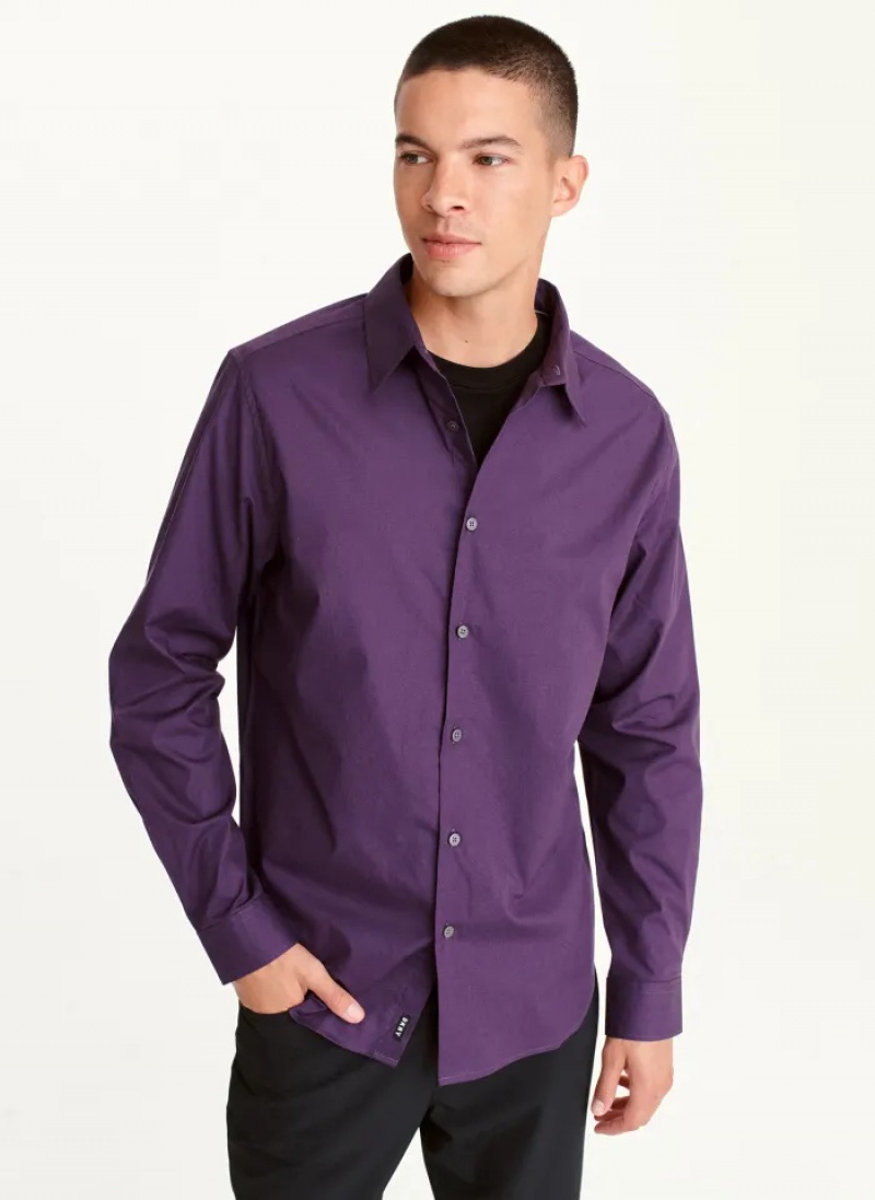 Purple Men\'s Dkny Long Sleeve Button Down Shirts | 0418UTCDX