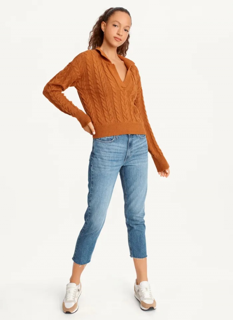 Roasted Pecan Women's Dkny Polo Cable knit Sweaters | 4276BZJYA