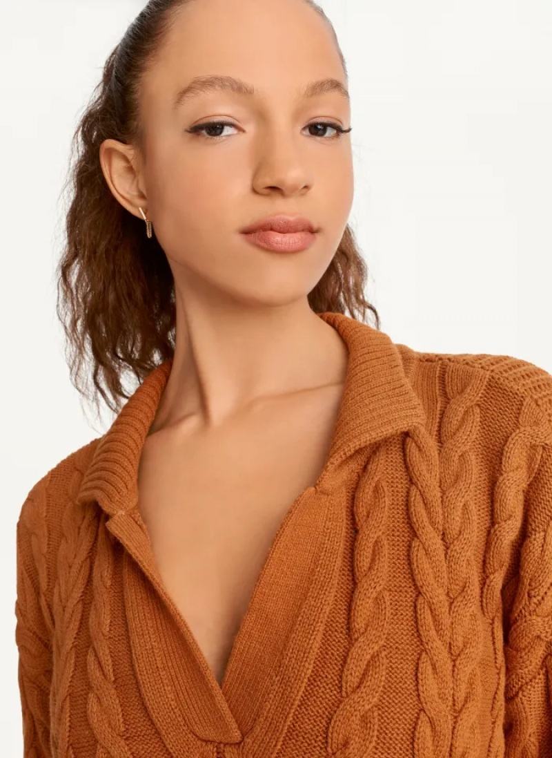 Roasted Pecan Women's Dkny Polo Cable knit Sweaters | 4276BZJYA