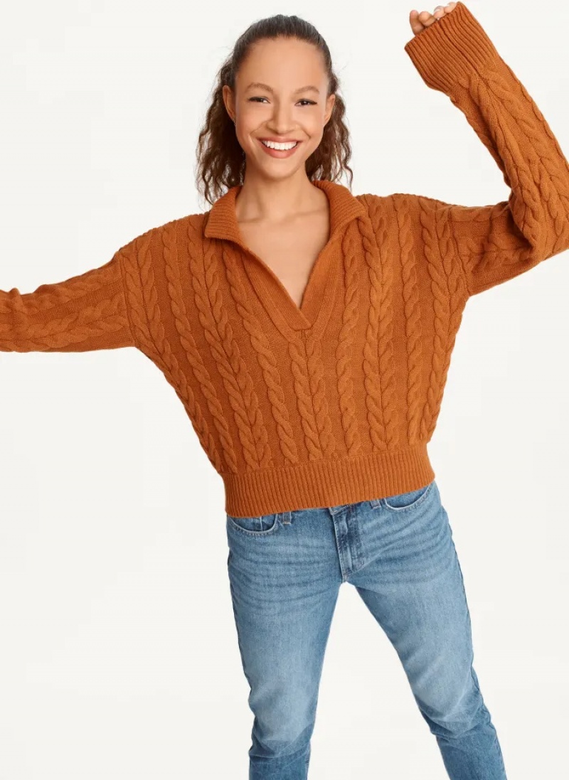 Roasted Pecan Women\'s Dkny Polo Cable knit Sweaters | 4276BZJYA