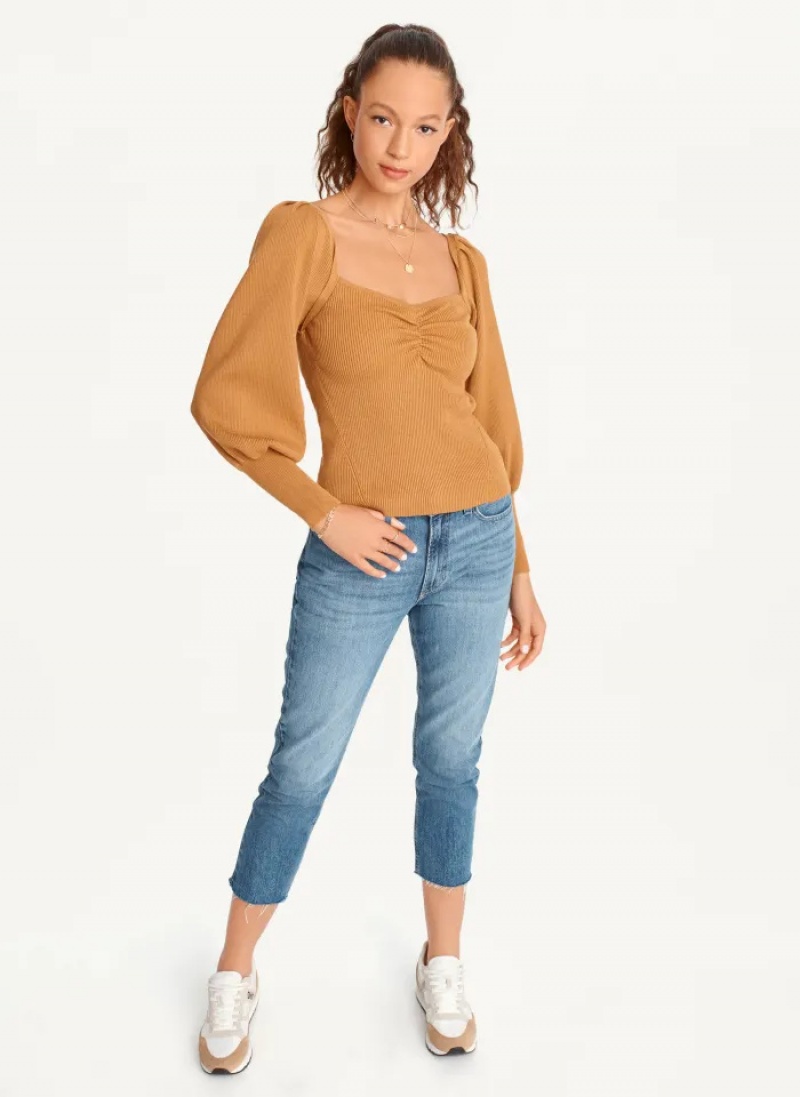 Roasted Pecan Women's Dkny Puff-Sleeve Sweatheart Sweaters | 5623TROJG