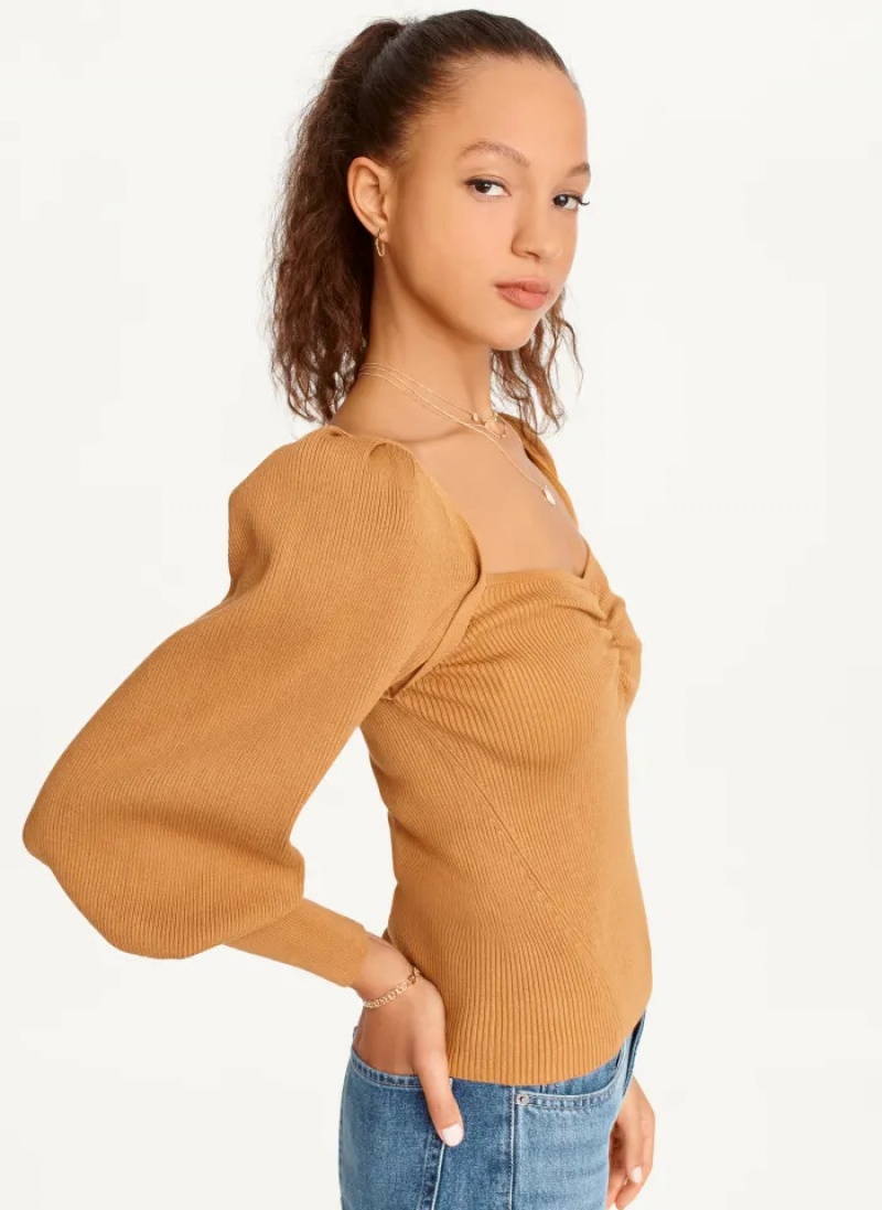 Roasted Pecan Women's Dkny Puff-Sleeve Sweatheart Sweaters | 5623TROJG