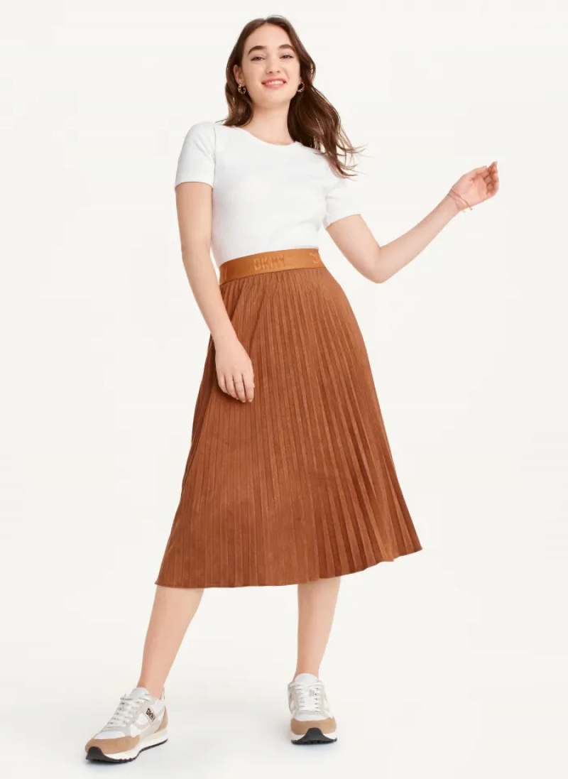 Roasted Pecan Women's Dkny Suede Midi Pleated Skirt | 2501DOPTS