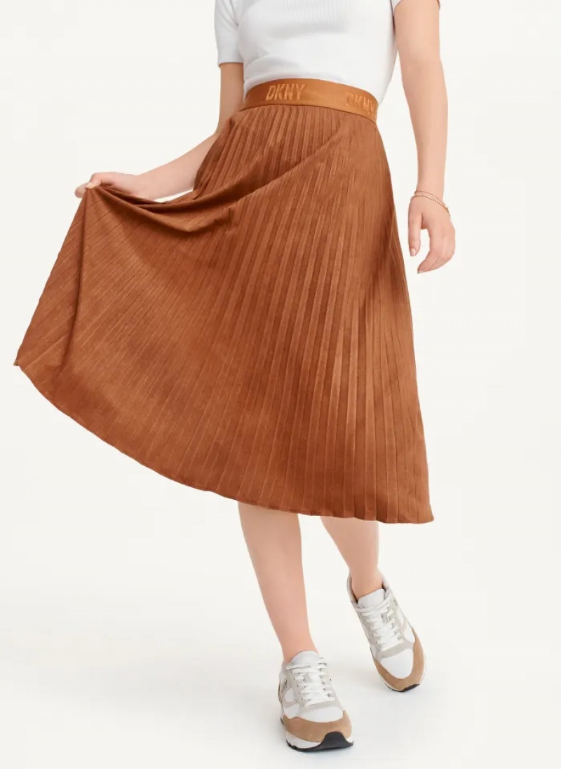 Roasted Pecan Women's Dkny Suede Midi Pleated Skirt | 2501DOPTS