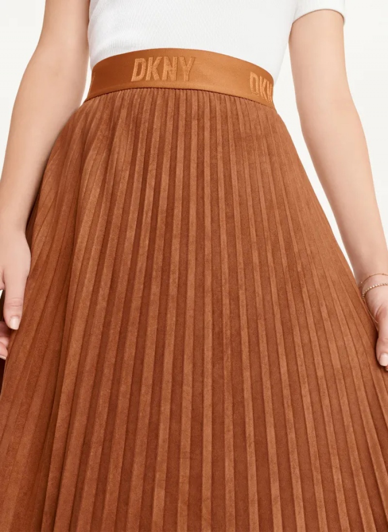 Roasted Pecan Women's Dkny Suede Midi Pleated Skirt | 2501DOPTS