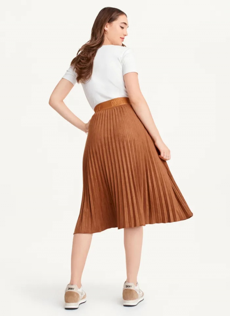 Roasted Pecan Women's Dkny Suede Midi Pleated Skirt | 2501DOPTS