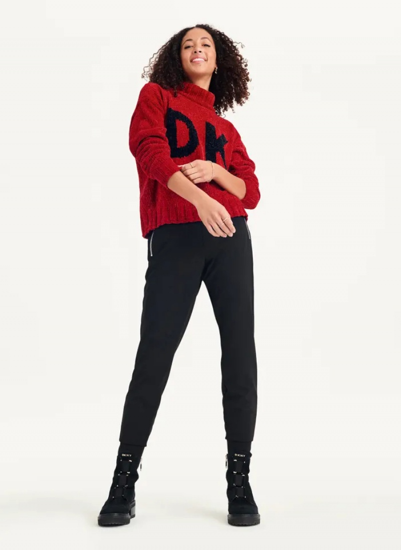 Scarlet/Black Women's Dkny Chunky Chenille Logo Sweaters | 8410UFVMX