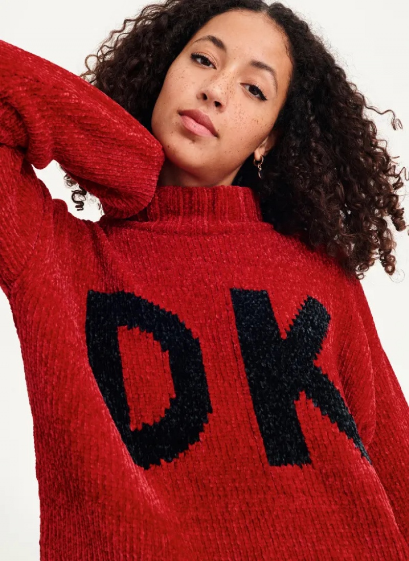 Scarlet/Black Women's Dkny Chunky Chenille Logo Sweaters | 8410UFVMX