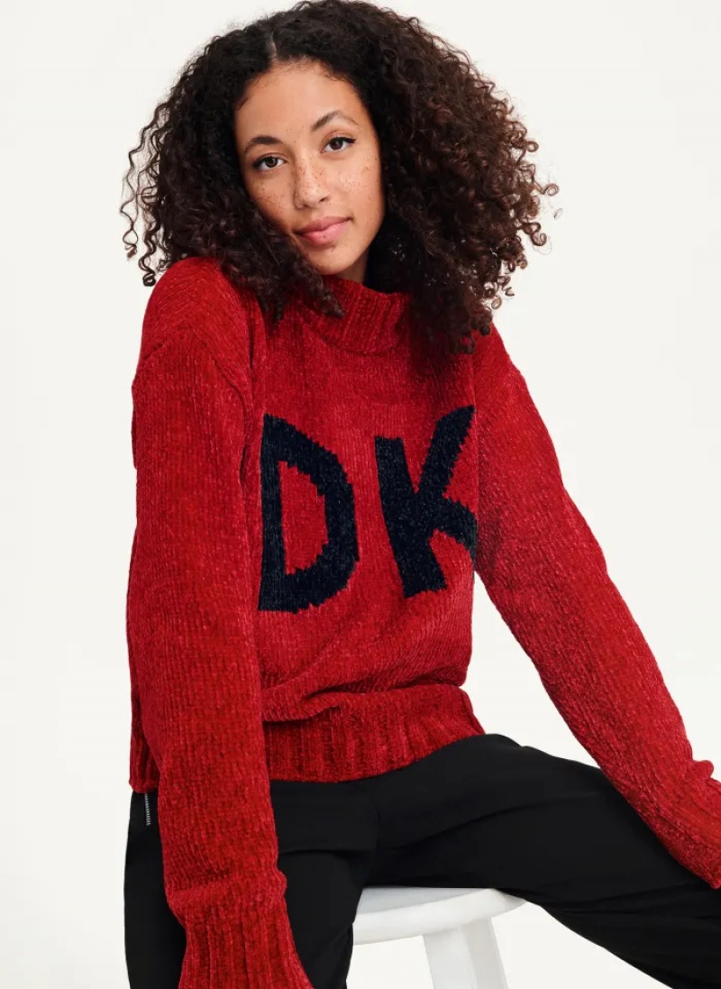 Scarlet/Black Women's Dkny Chunky Chenille Logo Sweaters | 8410UFVMX