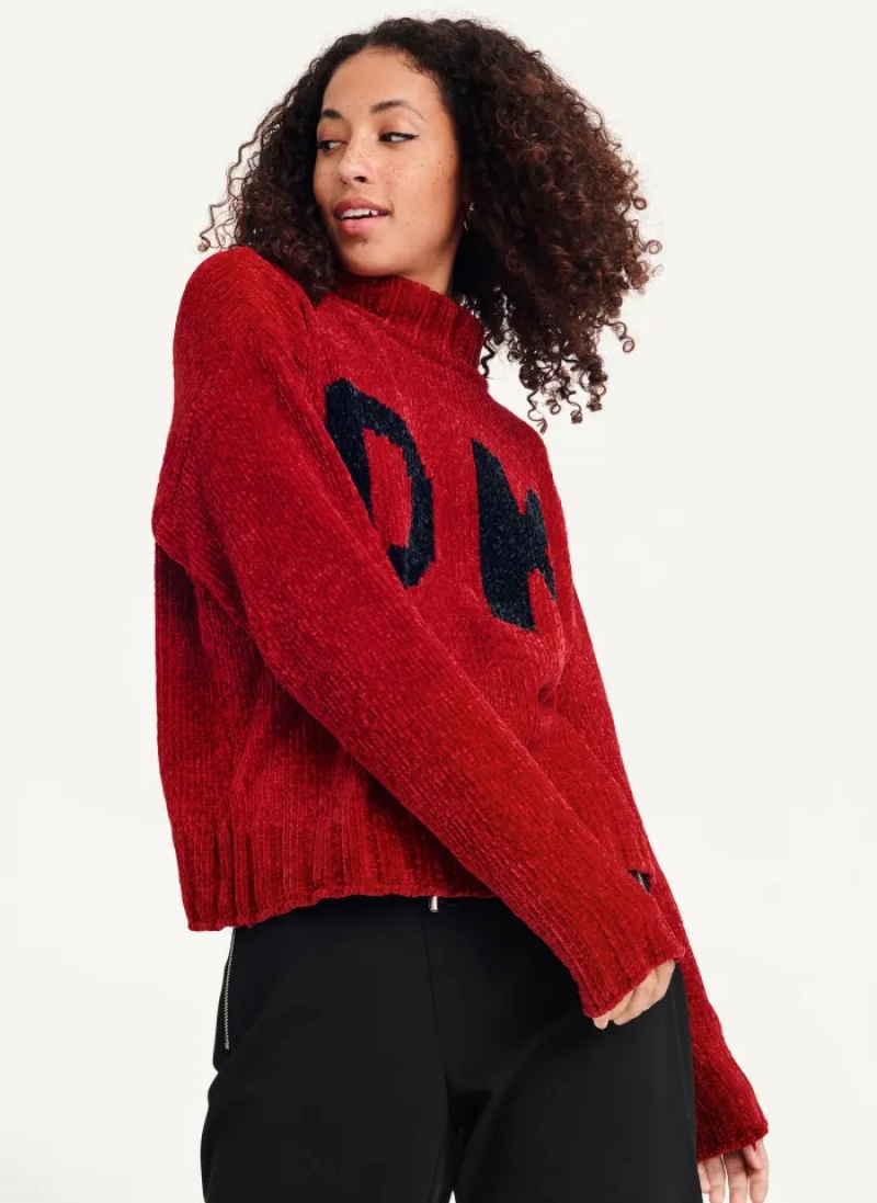 Scarlet/Black Women's Dkny Chunky Chenille Logo Sweaters | 8410UFVMX