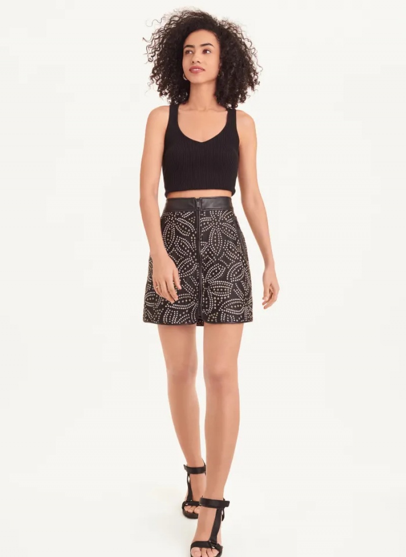 Silver/Black Women's Dkny Faux Stud Front Zip Mini Skirt | 2894QPKMI