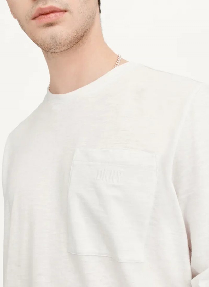 White Men's Dkny Long Sleeve Crew Pocket Slub Jersey T Shirts | 7532LDKEV