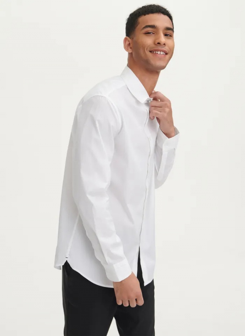 White Men's Dkny Solid Woven Shirts | 4067WPXRI