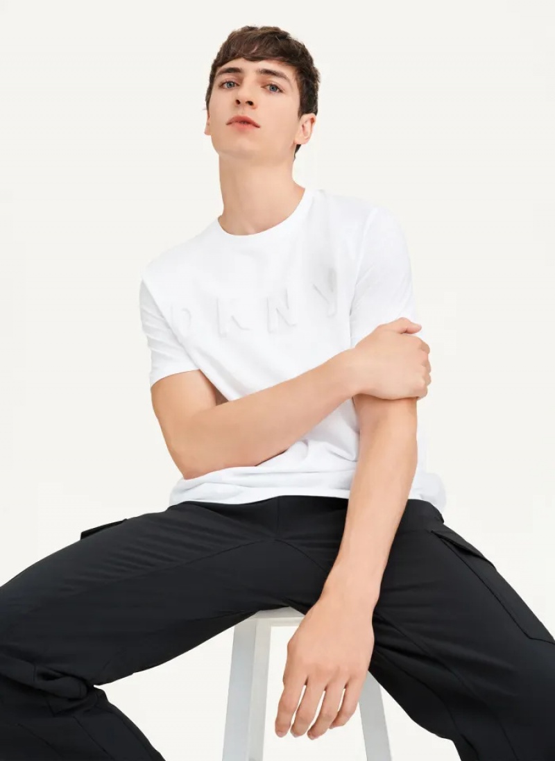 White Men's Dkny Stamped Logo T Shirts | 4592KFWPY