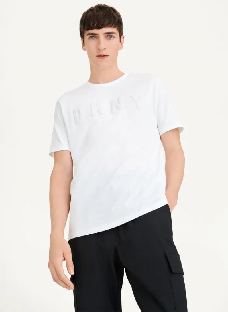 White Men's Dkny Stamped Logo T Shirts | 4592KFWPY