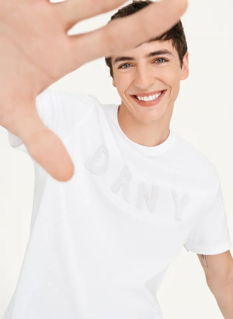 White Men's Dkny Stamped Logo T Shirts | 4592KFWPY