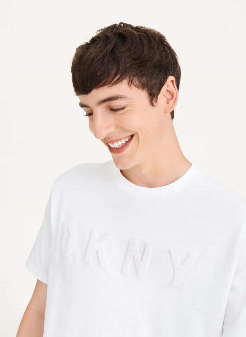 White Men\'s Dkny Stamped Logo T Shirts | 4592KFWPY