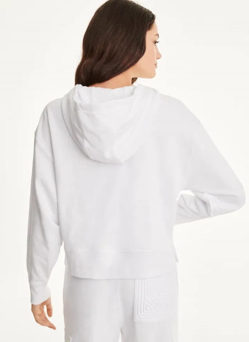 White Women's Dkny Cotton French Terry – Bag Kangaroo Pocket Hoodie | 0587BIMAT