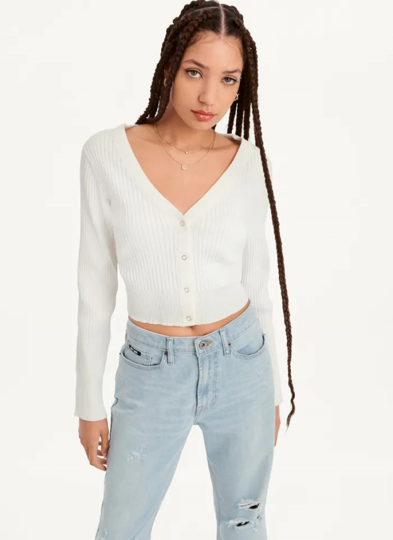 White Women's Dkny Long Sleeve Cropped Button Sweaters | 4801HZLXB