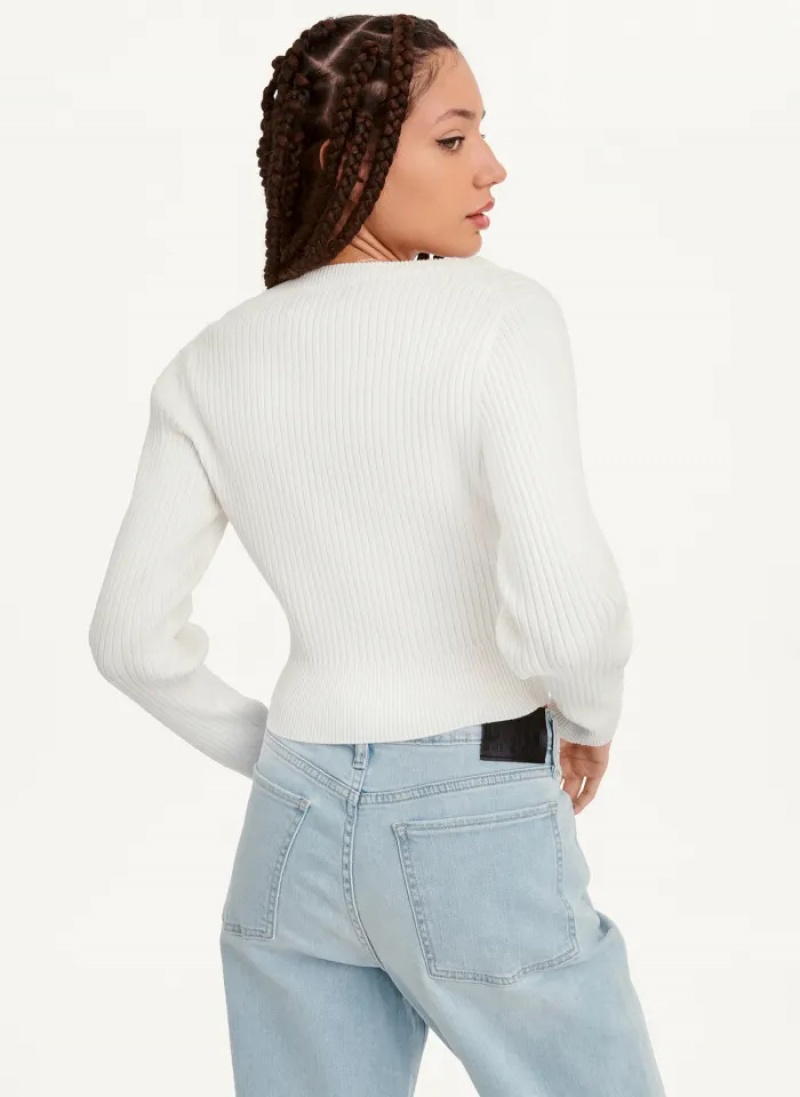 White Women's Dkny Long Sleeve Cropped Button Sweaters | 4801HZLXB