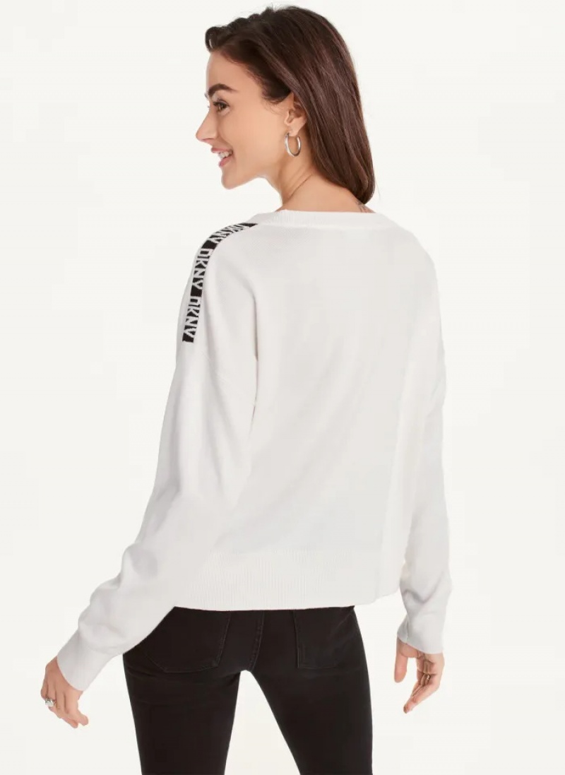 White Women's Dkny Long Sleeve Logo Tape Sweaters | 4158KCLWU