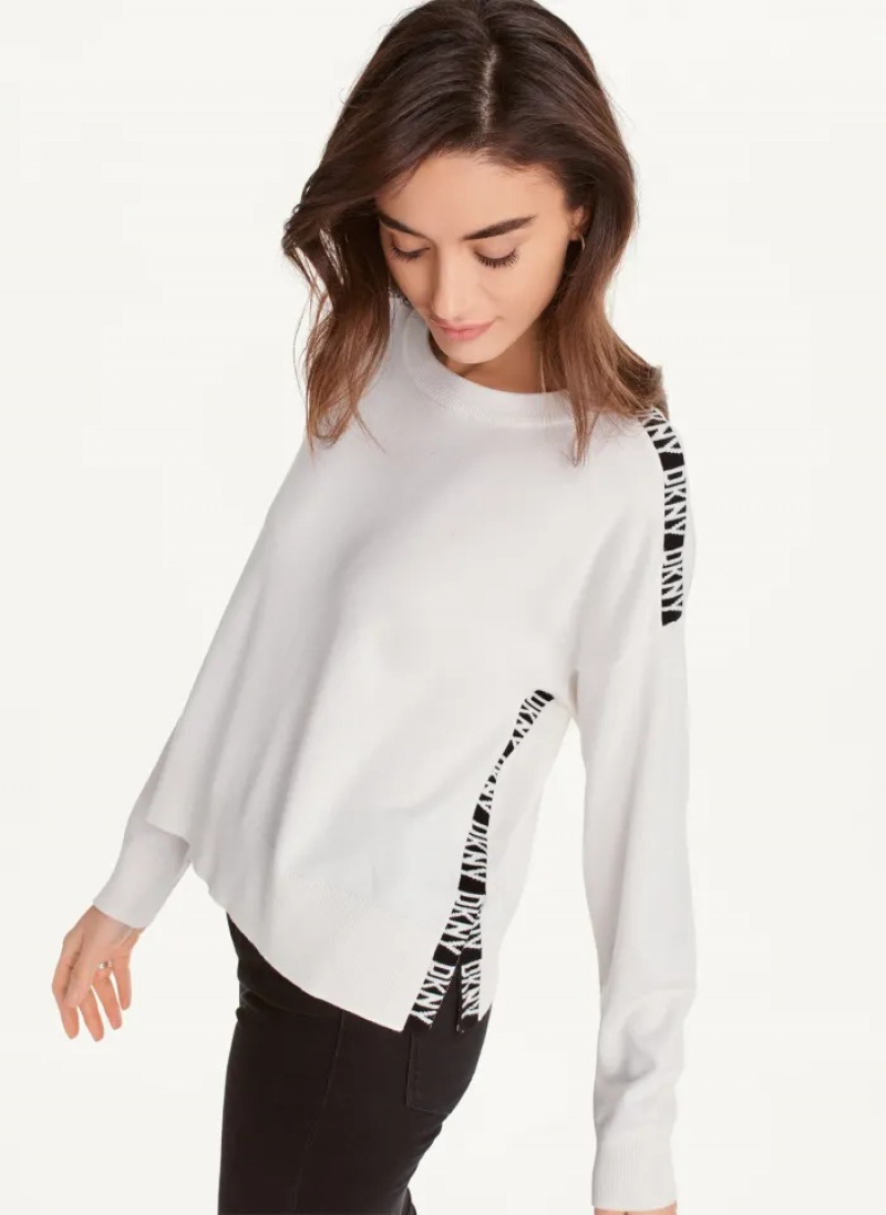 White Women\'s Dkny Long Sleeve Logo Tape Sweaters | 4158KCLWU