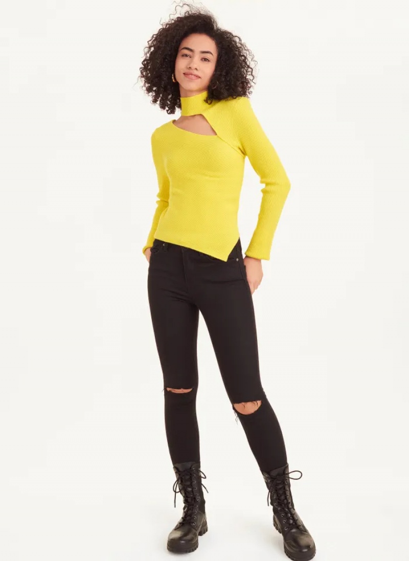 Yellow Women's Dkny Long Sleeve Cutout Mock Neck Sweaters | 4519ZVYCR