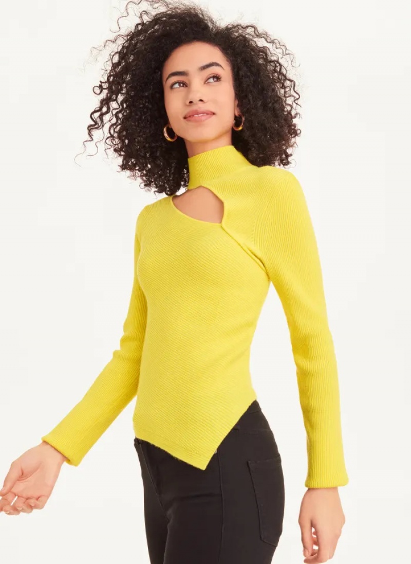 Yellow Women's Dkny Long Sleeve Cutout Mock Neck Sweaters | 4519ZVYCR